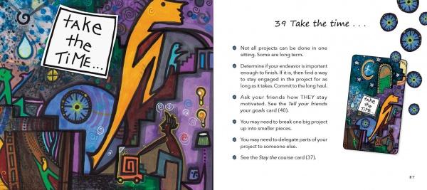 On the left, a vibrant abstract artwork with a yellow dinosaur and a "take the time" sign from Schiffer Publishing, Ltd.'s Manifesting Your Greatness appears. On the right, wisdom card 39 shares advice, paired with a matching small card.