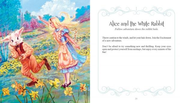 Illustration from Schiffer Publishing, Ltd.'s Inspirational Visions Oracle Cards: Alice chases the White Rabbit through a vibrant meadow as text invites readers to embrace adventure and self-discovery with this unique guidebook.