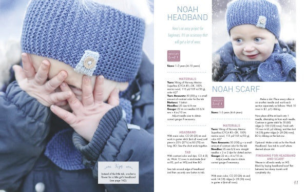 Close-up of a child outdoors in winter wearing a handmade blue knit headband and scarf, as snow falls. Text reveals "Knitting for Little Sweethearts" by Schiffer Publishing, Ltd., featuring nature-inspired patterns and instructions.