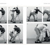 A sequence of seven black-and-white photos from "Dagger Fighting" by Schiffer Publishing, Ltd. depicts two men demonstrating medieval combat, from standing dagger fencing to one man pinning and disarming the other on the ground.