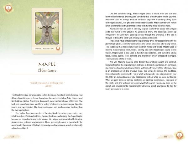 Pages 128–129 of The Herbal Healing Deck by Schiffer Publishing, Ltd. present the maple tree, featuring an illustrated card with roots and branches. Text covers maple’s symbolism of abundance, Native American use, and herbal medicine applications.