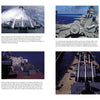 A two-page magazine spread by Schiffer Publishing, Ltd. spotlights USS Wisconsin (BB-64) with colorful photos of the Iowa-class battleship at sea and its sailors, large naval guns, and descriptive text beneath each image.
