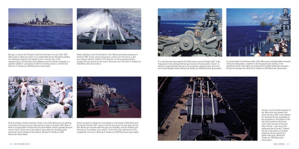 A two-page magazine spread by Schiffer Publishing, Ltd. spotlights USS Wisconsin (BB-64) with colorful photos of the Iowa-class battleship at sea and its sailors, large naval guns, and descriptive text beneath each image.