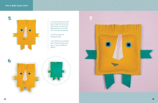 Step-by-step instructions and images in The Zenki Way by Schiffer Publishing, Ltd. guide you to sew a yellow felt softie with blue arms, legs, and eyes, plus a yellow nose. The finished huggable is shown on the right against a pink background.