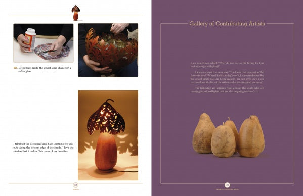 A two-page spread from "Gourd Lights" by Schiffer Publishing, Ltd.: the left page shows step-by-step illustrated instructions and the finished leafy cutout lamp shade; the right page displays lighting projects text and a photo of three dried gourds on purple.