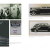 A collage from "Damsels in Design" by Schiffer Publishing, Ltd.: two men and a woman reviewing papers, classic black Hudson cars, a close-up of a car part, a Hudson service sign, and an interior drawing.