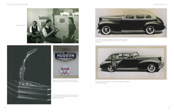 A collage from "Damsels in Design" by Schiffer Publishing, Ltd.: two men and a woman reviewing papers, classic black Hudson cars, a close-up of a car part, a Hudson service sign, and an interior drawing.