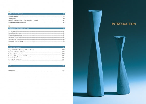 A two-page spread from "Multi-Axis Spindle Turning" by Schiffer Publishing, Ltd.: the left side displays a table of contents; the right shows two tall, curved blue woodturned vases on a blue background titled “INTRODUCTION.”.