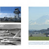 A two-page spread in "Jet City Rewind" by Schiffer Publishing, Ltd. shows airport jetliners lined up near the runway with Mount Rainier in the background, capturing a striking scene from Seattle’s aviation history.