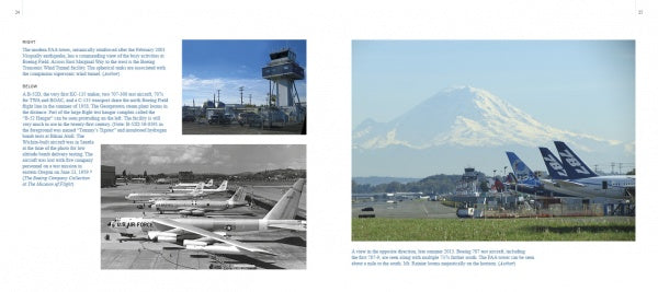 A two-page spread in "Jet City Rewind" by Schiffer Publishing, Ltd. shows airport jetliners lined up near the runway with Mount Rainier in the background, capturing a striking scene from Seattle’s aviation history.
