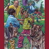 In The Everyday Enchantment Tarot by Schiffer Publishing, Ltd., five people with sticks and two dogs tussling on a grassy field create a lively scene, with trees and a flying purple umbrella in the background on this contemporary Tarot card.