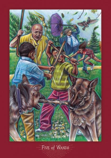 In The Everyday Enchantment Tarot by Schiffer Publishing, Ltd., five people with sticks and two dogs tussling on a grassy field create a lively scene, with trees and a flying purple umbrella in the background on this contemporary Tarot card.