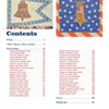 The cover of Quilts Presidential and Patriotic by Schiffer Publishing, Ltd. features images of two patriotic quilts—a bell with 1776 and a stars-and-stripes emblem—above a table listing U.S. presidents and page numbers for presidential quilts.