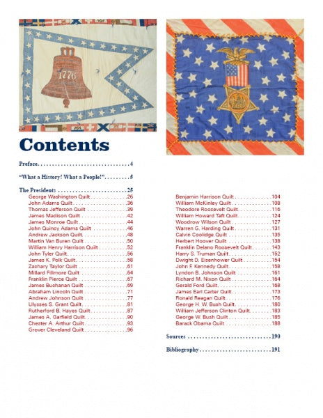 The cover of Quilts Presidential and Patriotic by Schiffer Publishing, Ltd. features images of two patriotic quilts—a bell with 1776 and a stars-and-stripes emblem—above a table listing U.S. presidents and page numbers for presidential quilts.