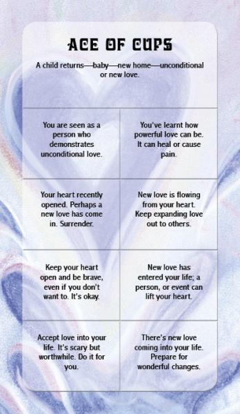 The Ace of Cups card from My First Relationship Tarot by Schiffer Publishing, Ltd. features affirmations and messages about new and unconditional love, plus emotional openness, in nine boxes over a soft blue and white swirling background.