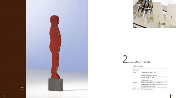 A red wooden human figure stands on a rectangular base against a blue backdrop, with Schiffer Publishing, Ltd.'s "New Woodturning Techniques and Projects" book showing tools and instructions for crafting similar figures on the right.