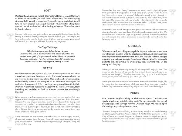 A page from Angel Relationships by Schiffer Publishing, Ltd. features “LOST,” “DEATH,” “SICKNESS,” and “INJURY” sections, exploring loss and hardship and explaining how angels provide comfort and guidance during these times.