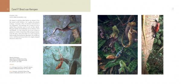 The "Reptiles & Amphibians in Contemporary Art" book by Schiffer Publishing, Ltd. features a two-page spread with four reptile wildlife illustrations: three small images and text on the left, plus one large vertical image on the right.