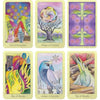 Six pastel tarot cards from the Dream Raven Tarot by Schiffer Publishing, Ltd. are featured, each with vibrant, stylized bird art—including Ten of Pentacles, Wheel of Fortune, and Temperance—each card displaying a unique colorful scene.