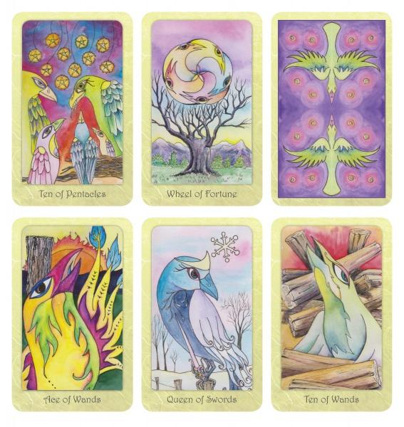 Six pastel tarot cards from the Dream Raven Tarot by Schiffer Publishing, Ltd. are featured, each with vibrant, stylized bird art—including Ten of Pentacles, Wheel of Fortune, and Temperance—each card displaying a unique colorful scene.