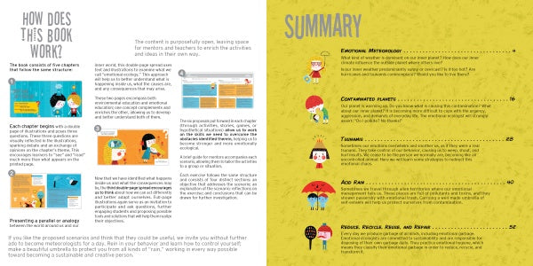 A two-page spread from Feelings Forecasters by Schiffer Publishing, Ltd.: the left page shows how the book works with text and illustrations; the right page summarizes chapters on kids' emotional intelligence with brief descriptions and cartoons.