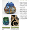 A magazine page displays three gourd bowls from "Creative Rims for Gourd Art" by Schiffer Publishing, Ltd.—one with ocean motifs and a blue fish, one in green and blue with a green lid, and one with beige and black patterns, highlighting Fiber Rush coil rim finishing.