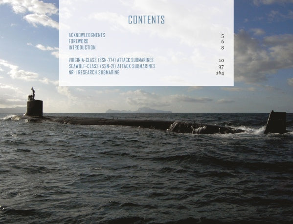 A US Navy fast-attack submarine moves through choppy waters beneath a cloudy sky, overlaid with a translucent table of contents from "The US Navy's Fast-Attack Submarines, Vol. 2" by Schiffer Publishing, Ltd.