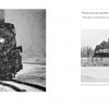 A person in winter clothing watches as a steam train emits thick smoke while moving through heavy snow on snowy tracks in "Smoke Over Steamtown" by Schiffer Publishing, Ltd.