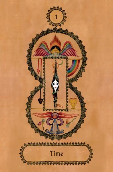 Falnama by Schiffer Publishing, Ltd. is an ornate tarot card inspired by Falnama oracles, featuring a white-faced figure, angel wings, flames, a rainbow, sword above, cup, key, flowers, and abstract designs below on a tan background.