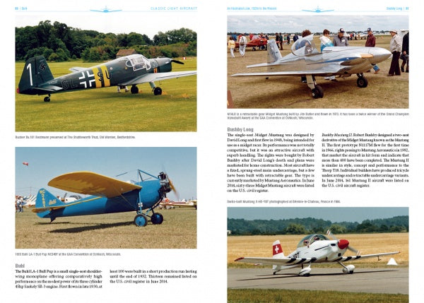 A page from "Classic Light Aircraft" by Schiffer Publishing, Ltd. features four color photos of vintage and modern planes on grass or tarmac, with detailed captions and info about each aircraft and its manufacturer surrounding the images.