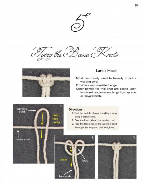 Instructional page from "Macrame Today" by Schiffer Publishing, Ltd. shows how to tie a Lark’s Head knot with step-by-step photos and directions. Perfect for fiber crafts, with the finished knot shown first, followed by each illustrated stage.