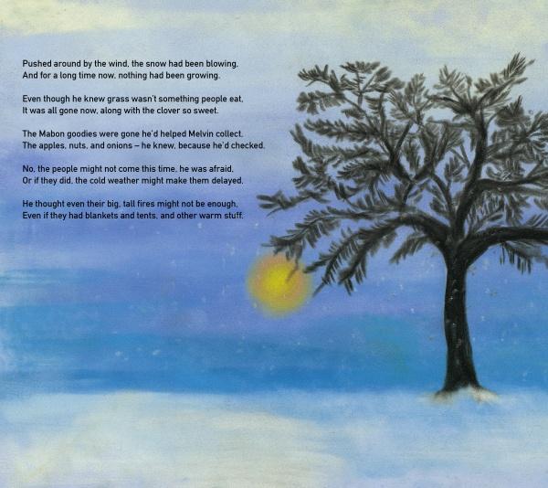 A leafless tree stands in a snowy field beneath a cloudy sky with a faint sun. Text on the left describes winter, warmth, and Melvin’s survival, echoing Wheel of the Year themes from Rupert's Tales by Schiffer Publishing, Ltd.