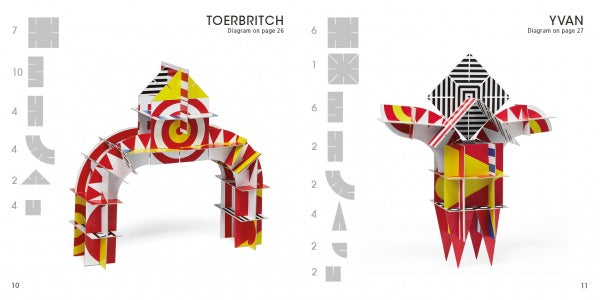 Two colorful 3-D structures built with the ArchiTek cardboard building kit by Schiffer Publishing, Ltd. are shown: an arch in red, yellow, and white patterns and a tall spiky structure in striped and checkered red, yellow, black, and white designs.