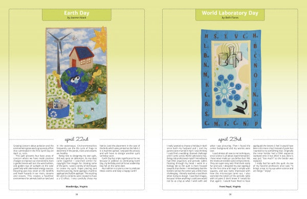 Celebrate the Day with Quilts" by Schiffer Publishing, Ltd. features two April 23rd panels: Earth Day with nature, windmills, and quilt motifs; World Laboratory Day with science graphics, each with text below on a green gradient background.