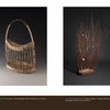 Four woven objects from When Makers Meet by Schiffer Publishing, Ltd. are shown: a spherical openwork sculpture, a tall basket with curved handle, vertical rods topped with spheres, and a necklace featuring a circular pendant on a cord.