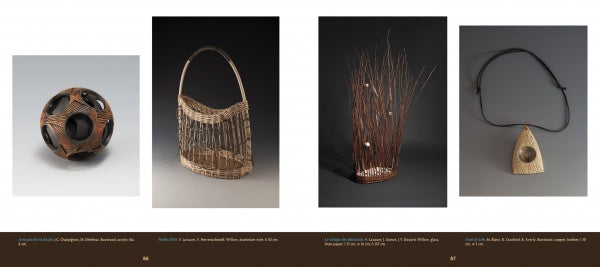 Four woven objects from When Makers Meet by Schiffer Publishing, Ltd. are shown: a spherical openwork sculpture, a tall basket with curved handle, vertical rods topped with spheres, and a necklace featuring a circular pendant on a cord.