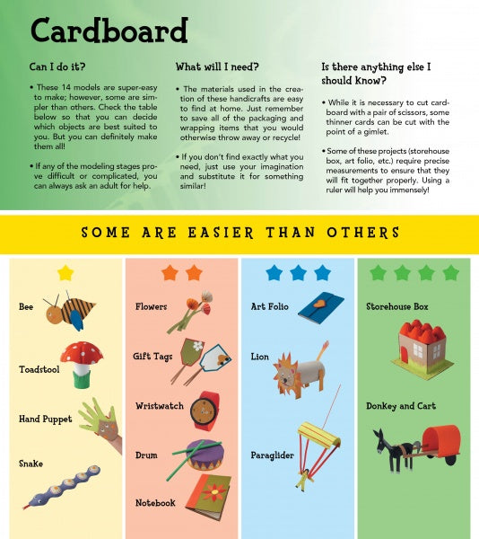 Cardboard" by Schiffer Publishing, Ltd. is an illustrated guide for kids featuring projects like a bee, flowers, guitar, box, and more—each rated by difficulty to help develop fine motor skills.