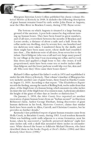 A black-and-white scanned book page discusses Lewis Collins’s 1848 account of giant human remains near Augusta, Kentucky, referencing local folklore and Kentucky monsters, as featured in Schiffer Publishing, Ltd.'s Strange Kentucky Monsters.