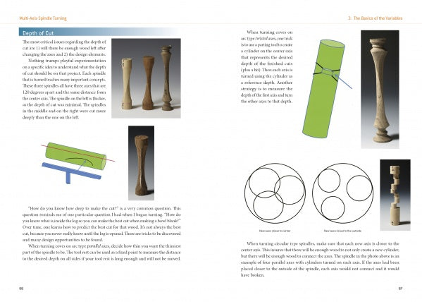 A textbook page from Schiffer Publishing's "Multi-Axis Spindle Turning" shows photos and diagrams of wooden spindles, cross-sections, and a green cylinder, with text explaining depth of cut and cutting techniques.