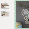 A photo collage features step-by-step instructions for creating bohemian wall art using Schiffer Publishing, Ltd.'s Dream Catchers. On the right, the finished piece hangs next to a globe.