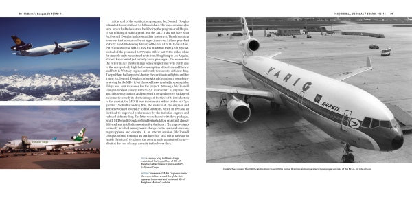 A book spread from "McDonnell Douglas DC-10/MD-11" by Schiffer Publishing, Ltd. features left-page text and three airplane photos: two color shots of widebody aircraft in flight and at the airport, plus a large black-and-white VARIG Brasil DC-10 on the right.