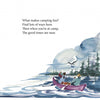 A watercolor illustration from "Camp ABC" by Schiffer Publishing, Ltd. shows two people paddling a red canoe on a lake with trees and mountains, as a bird flies above. Uplifting text promises the joy of camping and good times ahead.