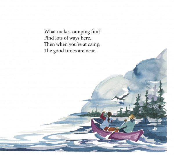 A watercolor illustration from "Camp ABC" by Schiffer Publishing, Ltd. shows two people paddling a red canoe on a lake with trees and mountains, as a bird flies above. Uplifting text promises the joy of camping and good times ahead.