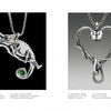 A catalog spread for "Reptiles & Amphibians in Contemporary Art" by Schiffer Publishing, Ltd., showcasing silver animal jewelry—snake and chameleon necklaces, snake earrings, heart-shaped snake pendant, and frog earring with pearls—on white and gray backgrounds.