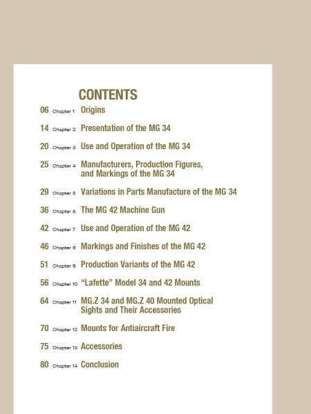Table of contents page for "The German MG 34 and MG 42 Machine Guns" by Schiffer Publishing, Ltd., lists chapters on origins, usage, production, markings, accessories, mounts, and anti-aircraft fire. Brown text on white background.