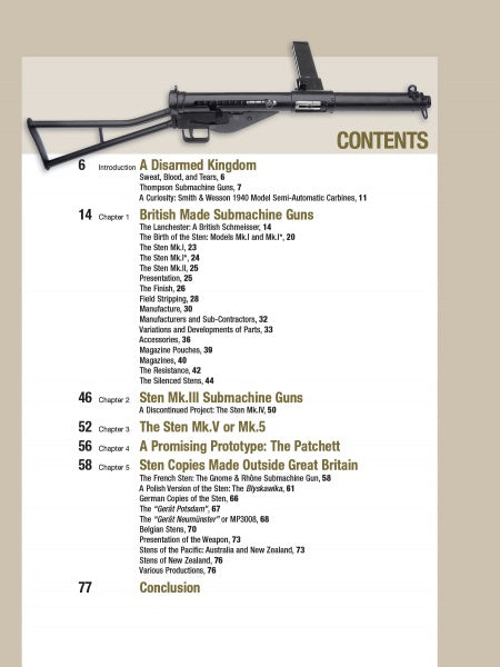 Table of contents page from "The Sten" by Schiffer Publishing, Ltd., highlighting British-made submachine guns like the WWII-era STEN, with a black submachine gun illustration at the top.