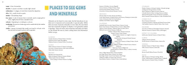 The 50 State Gems and Minerals by Schiffer Publishing, Ltd. features a spread listing museums and sites by U.S. state, serving as a fun kids' guide, with colorful mineral clusters along the edges and a central blue mineral photo.