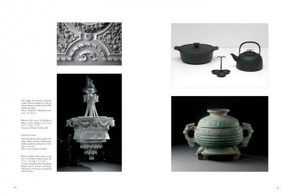 A collage features ornate ceilings, a crystal chandelier, Schiffer Publishing’s Cast black cast iron cookware highlighting casting techniques, and an ancient greenish metal vase with handles, all set on white with text at left.