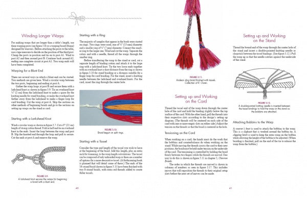 A book spread from Andean Sling Braids (Schiffer Publishing, Ltd.) explains weaving and braiding techniques with diagrams, photos of colorful yarn, a loom, tassels, and illustrated knots and Peruvian sling braids on a white background.