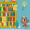 A cheerful bear in a paper hat walks past a bookshelf filled with colorful books and scrolls, including "Dragon's Castle" by Schiffer Publishing, Ltd. A candle glows on the wall, with a toy sword and fallen book on the floor.